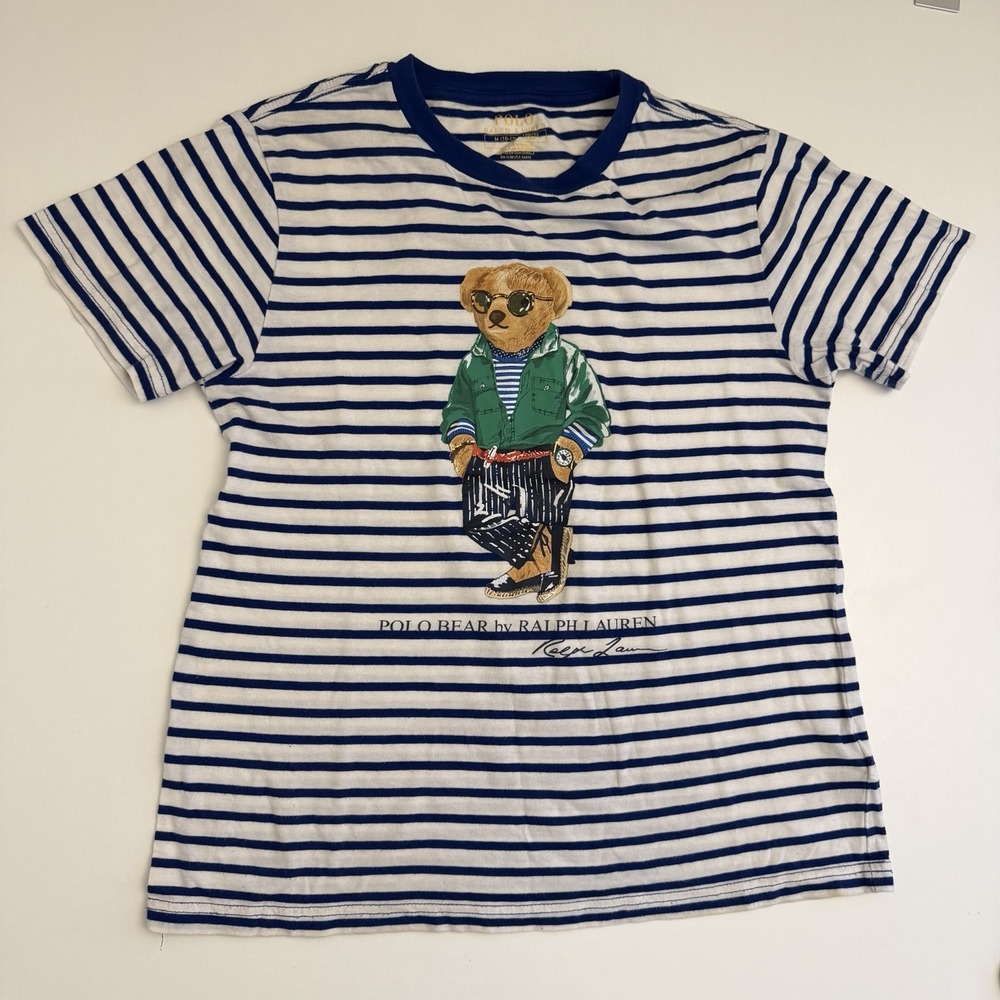 Polo Ralph Lauren Boy's Graphic Bear Tee Shirt Blue Stripe Size Medium 10 - 12
